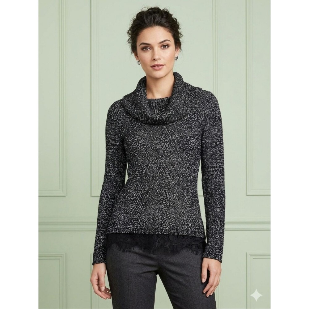 WHBM Black & White Cowl Neck Sweater w/Lace Trim Dark Academia Size S